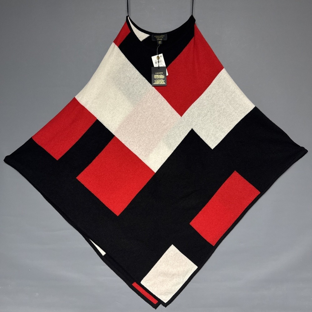 Charter Club Luxury Cashmere Poncho Red Black White Geometric Colorblock OS NWT